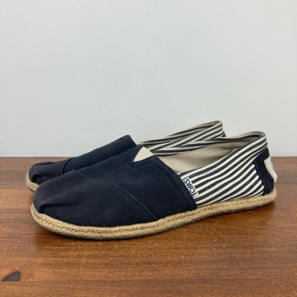 TOMS Alpargata Espadrille Loafers Black White Canvas Striped Women’s Size 8.